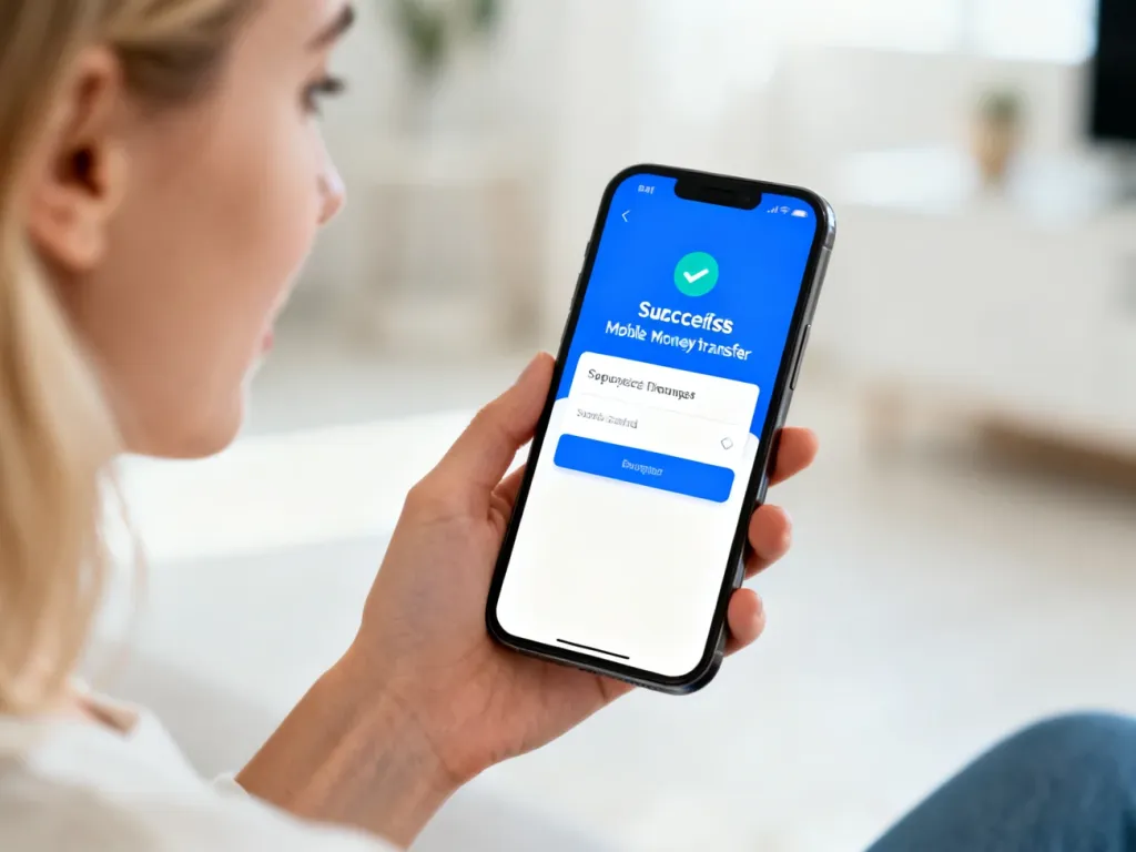 Osoba trzymająca smartfon z powiadomieniem o udanym przelewie na telefon w nowoczesnej aplikacji bankowej.